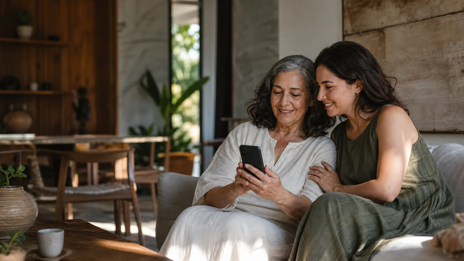 Uma mulher idosa e uma mulher adulta observam juntas a tela de um smartphone, sentadas em uma sala doméstica iluminada por luz natural.