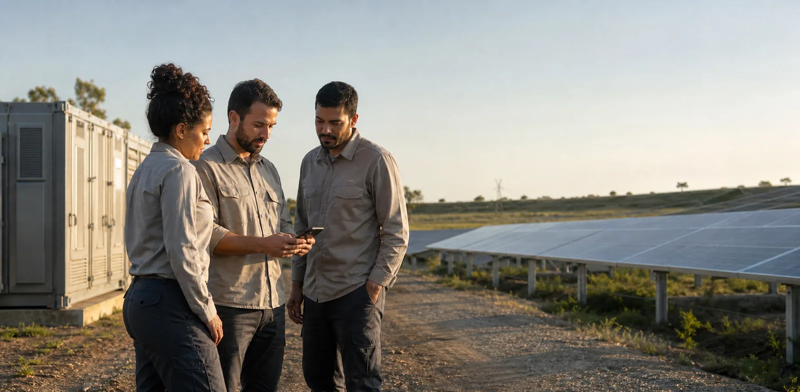 Equipe brasileira diversa, de uniforme de trabalho, consulta um smartphone durante uma inspeção em uma instalação de energia solar ao ar livre.
